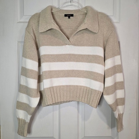Quince Women's Medium Organic Cotton Cropped Polo Sweater Beige Ivory Stripe - Picture 3 of 9